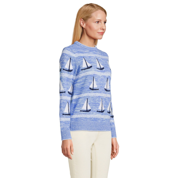 Lands' End Women’s Cotton Drifter Sailboat Crew Neck Sweater – Blue Sailboats