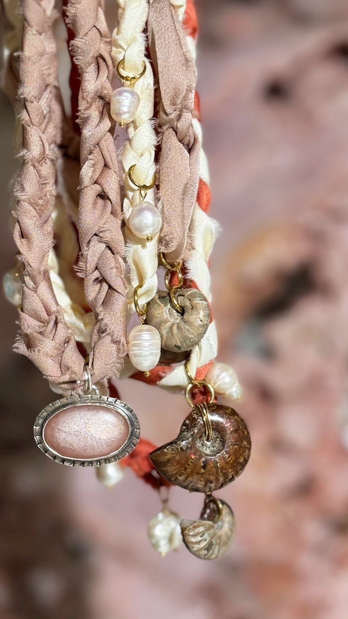Large Ammonite on Coral / White Braided Necklace Chain