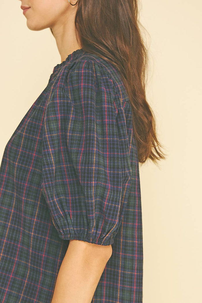 PLAID PUFF SLEEVE BLOUSE - NAVY