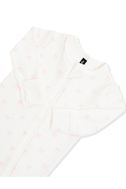 Pointelle Zippered Footie in Sweet Pink Bow