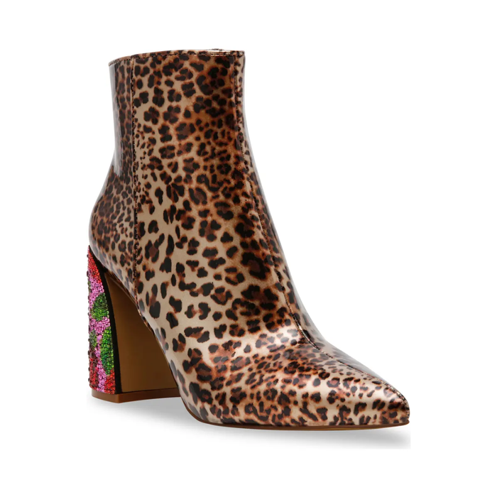 Betsey Johnson Women's Leopard Rhinestone Pointed Toe Chunky Heel Ankle Boots