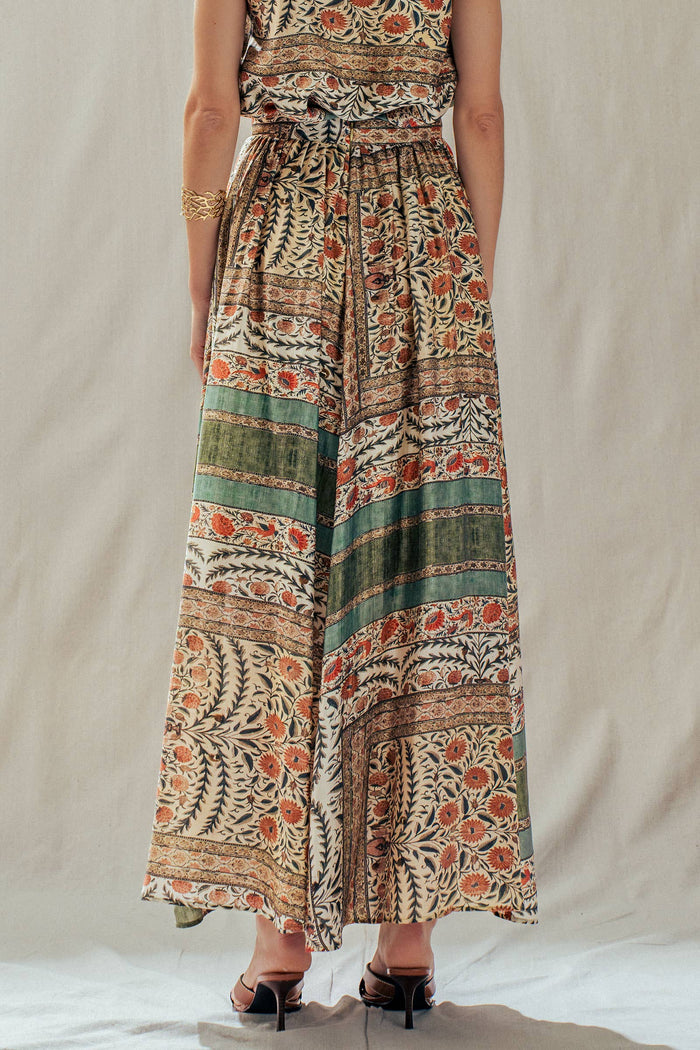 Botanical Bird Print Tencel Blend Maxi Skirt: MULTI / S-M-L:2-2-2 Urban Daizy