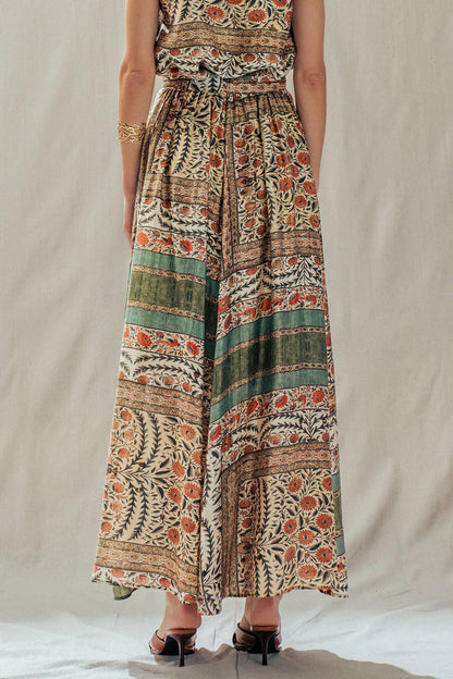Botanical Bird Print Tencel Blend Maxi Skirt: MULTI / S-M-L:2-2-2 Urban Daizy