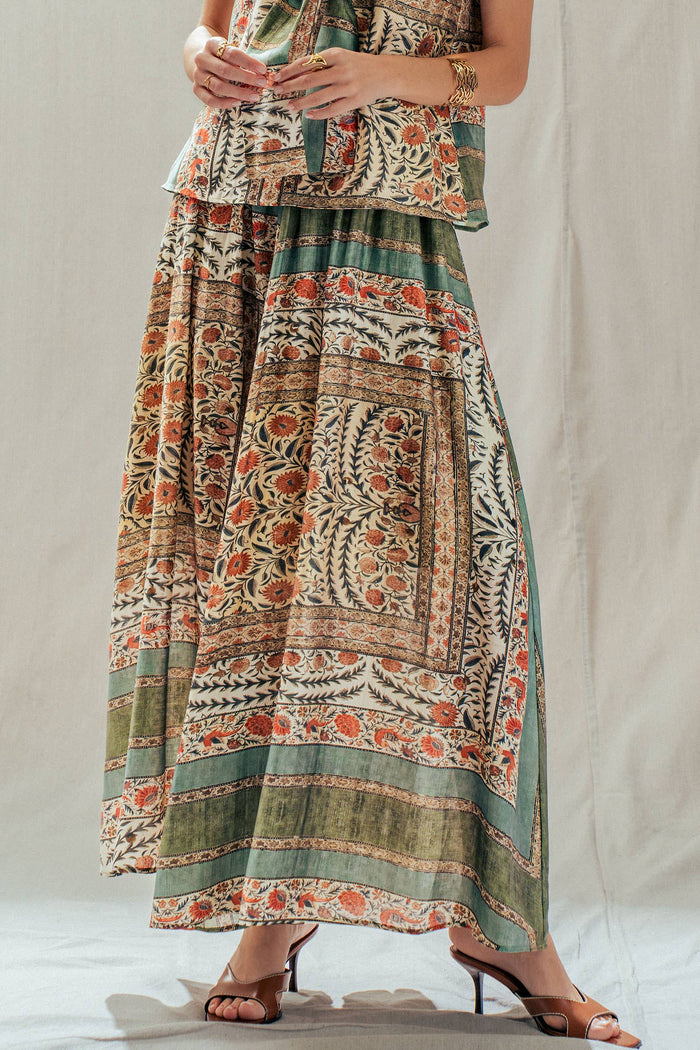 Botanical Bird Print Tencel Blend Maxi Skirt: MULTI / S-M-L:2-2-2 Urban Daizy