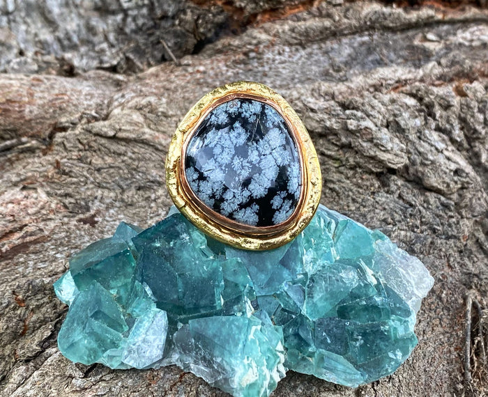 BRASS+COPPER+SNOWFLAKE OBSIDIAN RING