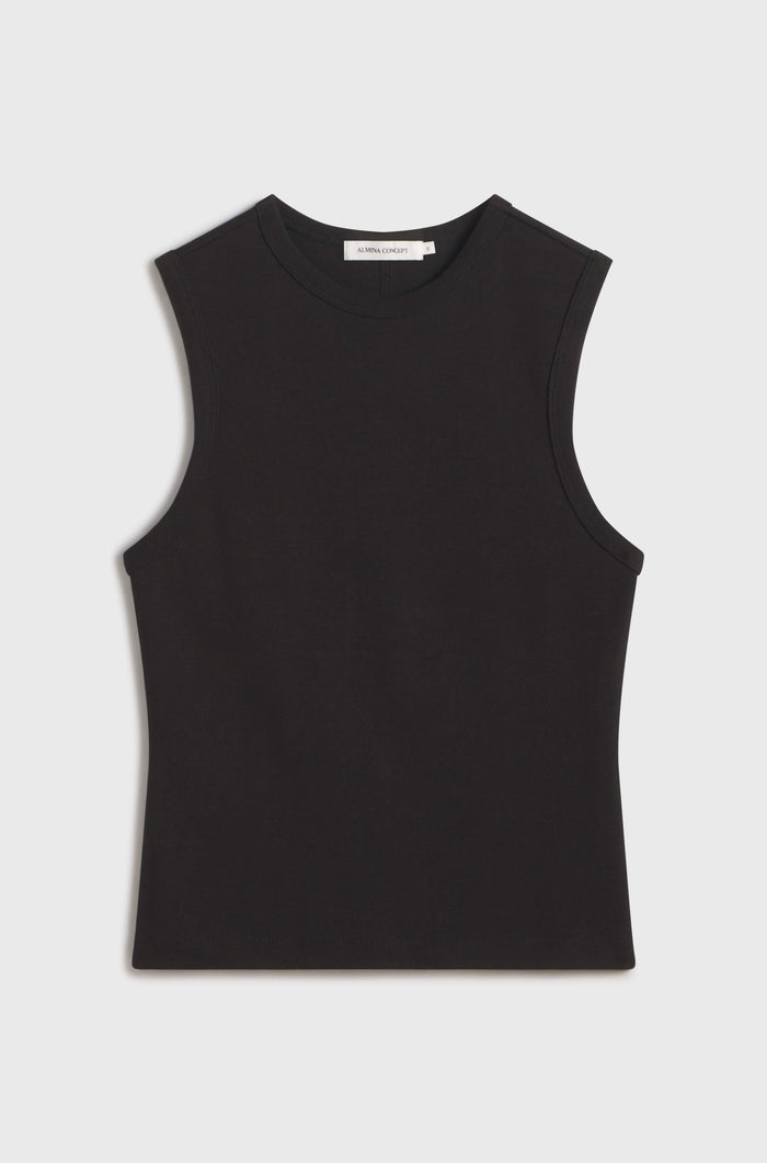 Black sleeveless top on a light gray background