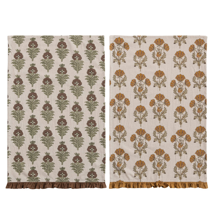 COTTON PRINTED TEA TOWEL WITH FLOWER PATTERN & RUFFLE - 2 STYLES