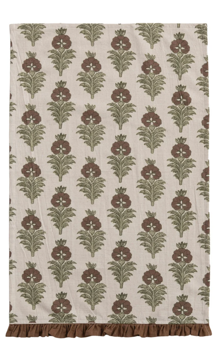 COTTON PRINTED TEA TOWEL WITH FLOWER PATTERN & RUFFLE - 2 STYLES