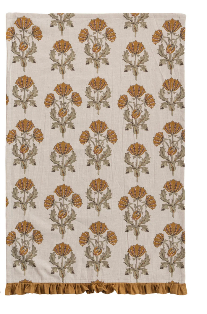 COTTON PRINTED TEA TOWEL WITH FLOWER PATTERN & RUFFLE - 2 STYLES