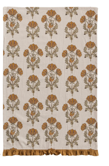 COTTON PRINTED TEA TOWEL WITH FLOWER PATTERN & RUFFLE - 2 STYLES