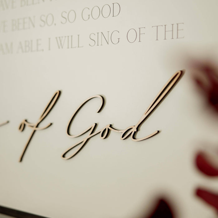 Goodness of God: Soft White-Black Text / Dark Brown Frame / 24 inches by 12 inches Joyfully Said