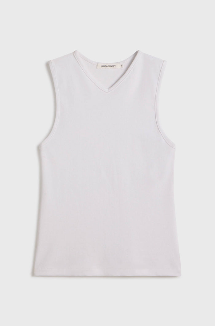 V Neck White sleeveless tank top on a light grey background
