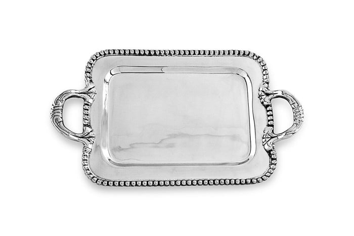 Beatriz Ball Pearl David Small Tray — Metal rectangular tray with pearl-like rim and handles on white