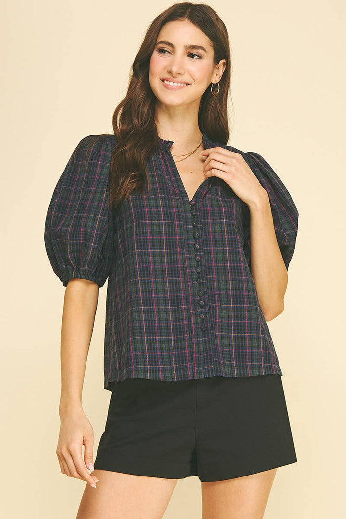 PLAID PUFF SLEEVE BLOUSE - NAVY