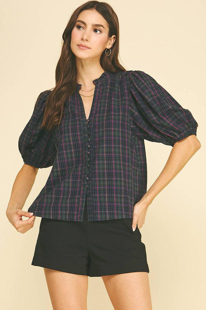 PLAID PUFF SLEEVE BLOUSE - NAVY