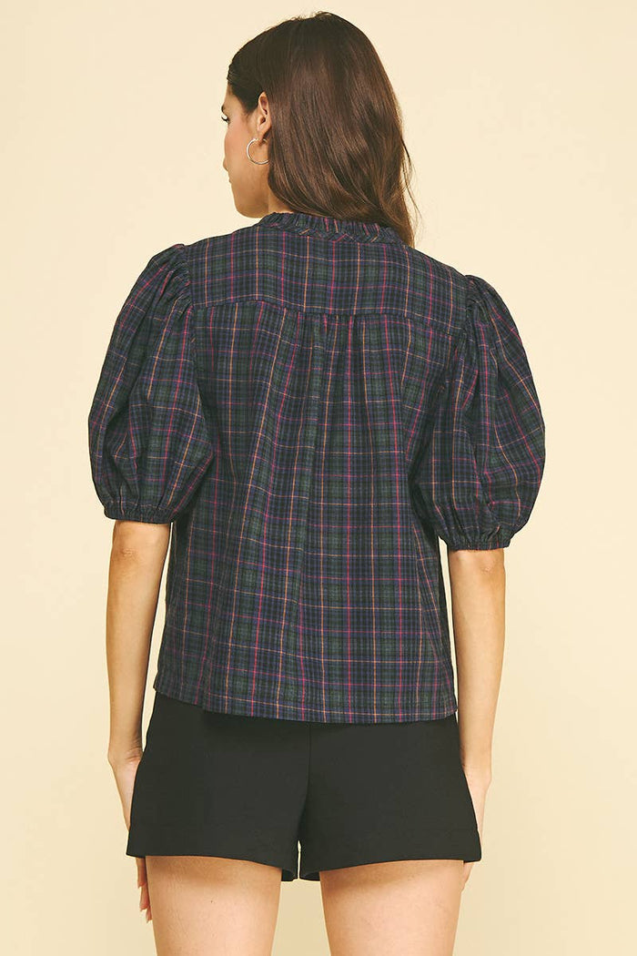 PLAID PUFF SLEEVE BLOUSE - NAVY