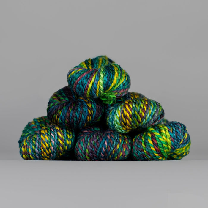 Skeins of Spincycle Plump Bulky weight yarn in blue, yellow, green, and purple color gradient