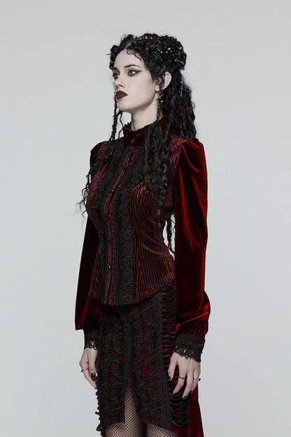 Crimson Bloom Embroidered Button-Up Top [Red]